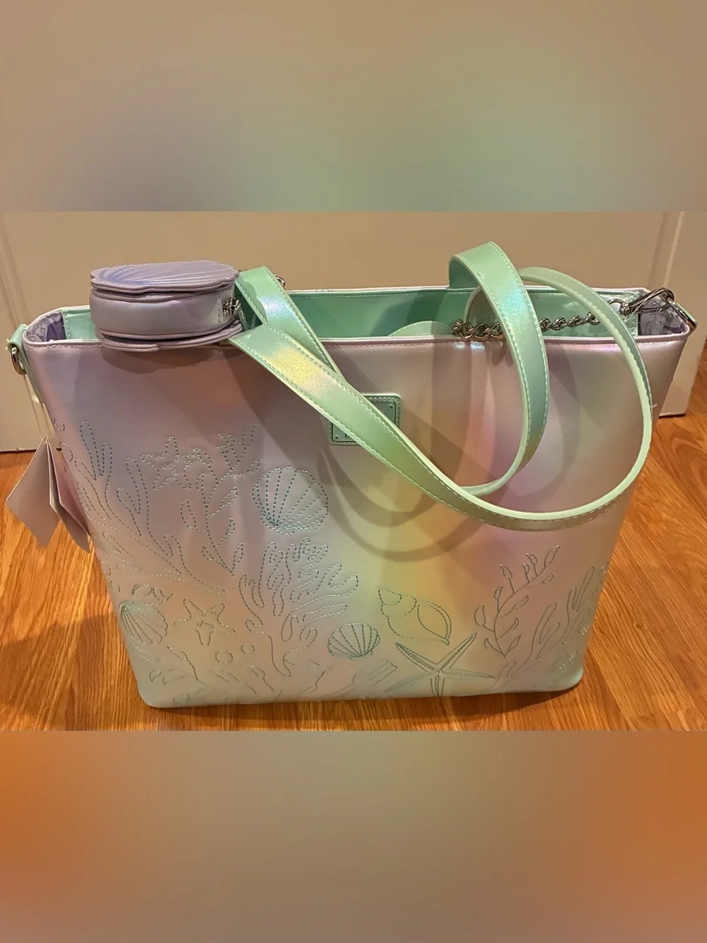 New Loungefly Iridescent Mermaid Ariel Tote in Mint and Red